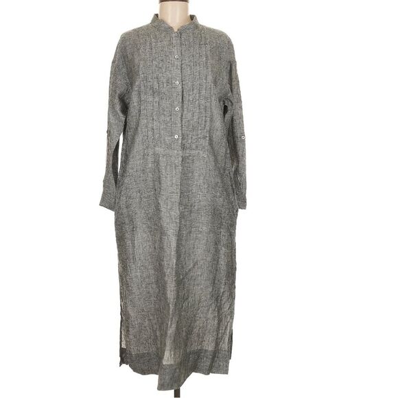 WRAP London Gray Long Sleeve Half Button Pintuck Flax Linen Maxi Dress Pockets 8 - Picture 1 of 10